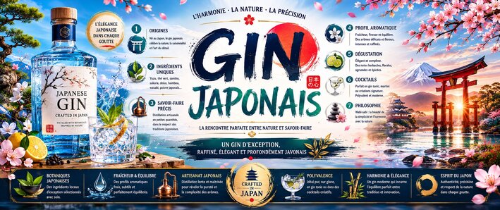 Infographie sur le gin japonais mettant en avant les botaniques du Japon, le yuzu, le sakura et les techniques de distillation artisanales